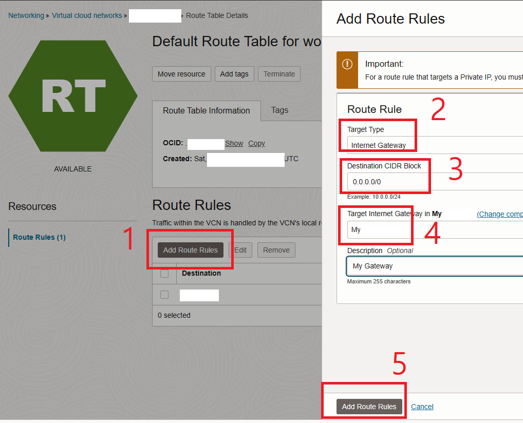 오라클 클라우드 라우팅 테이블 정보 입력 및 추가
