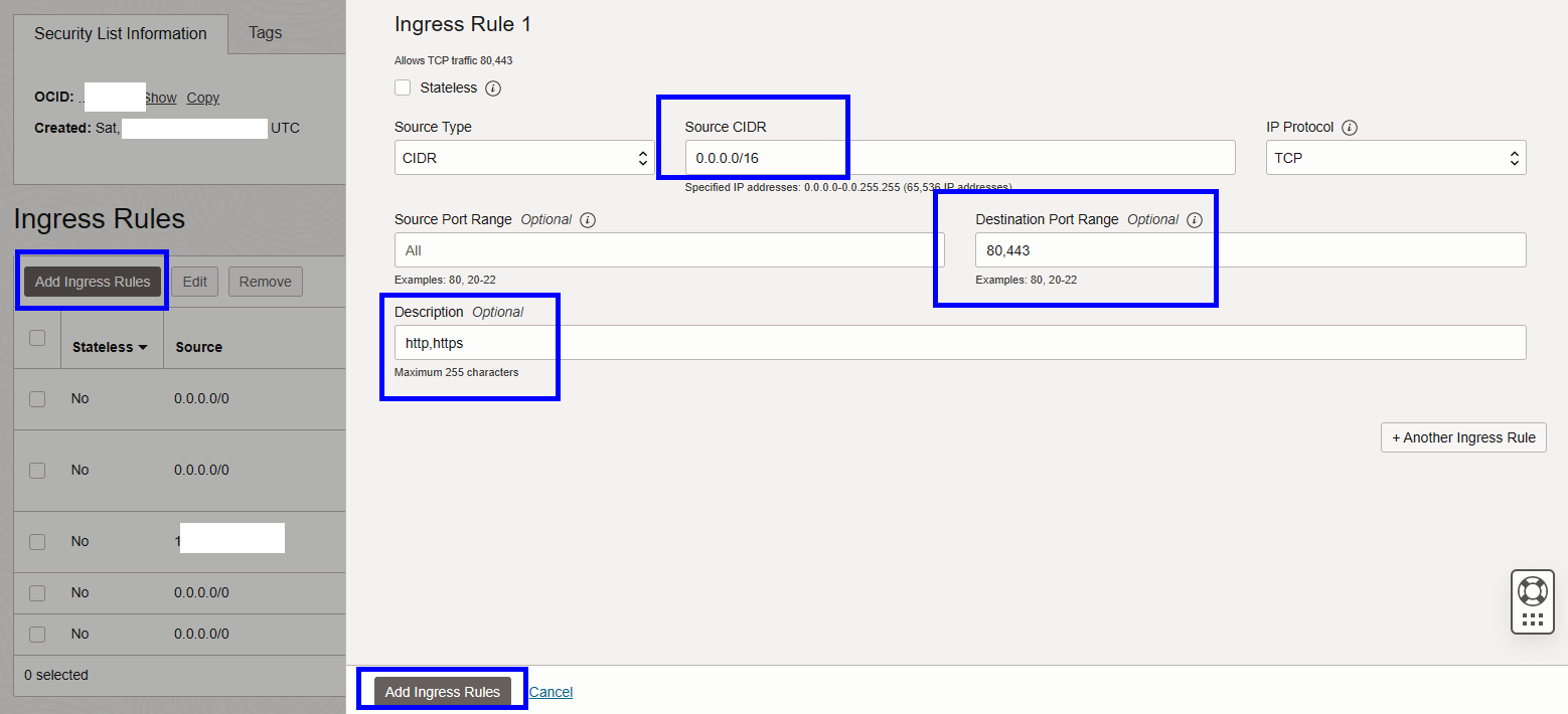 오라클 클라우드 시큐리티 리트스 수정 및 http https 포트 추가