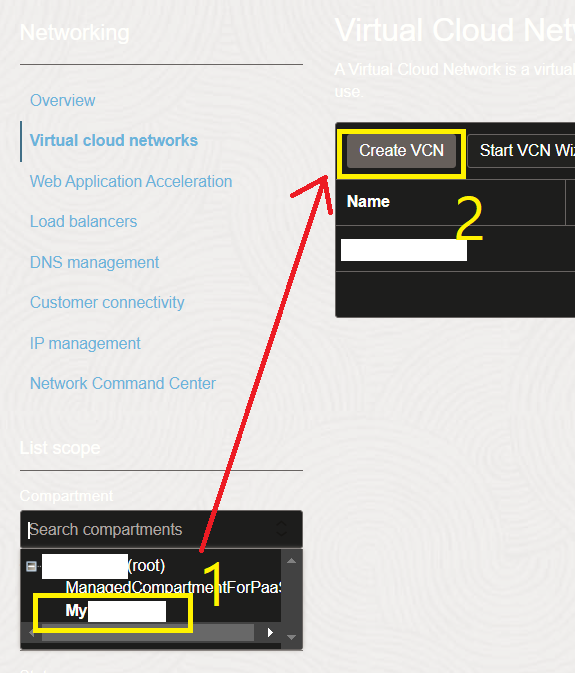 VCN 생성 버튼 클릭