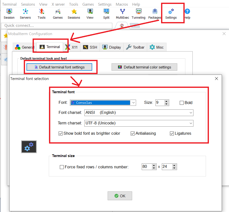 터미널 프로그램 MobaXterm 설정 화면